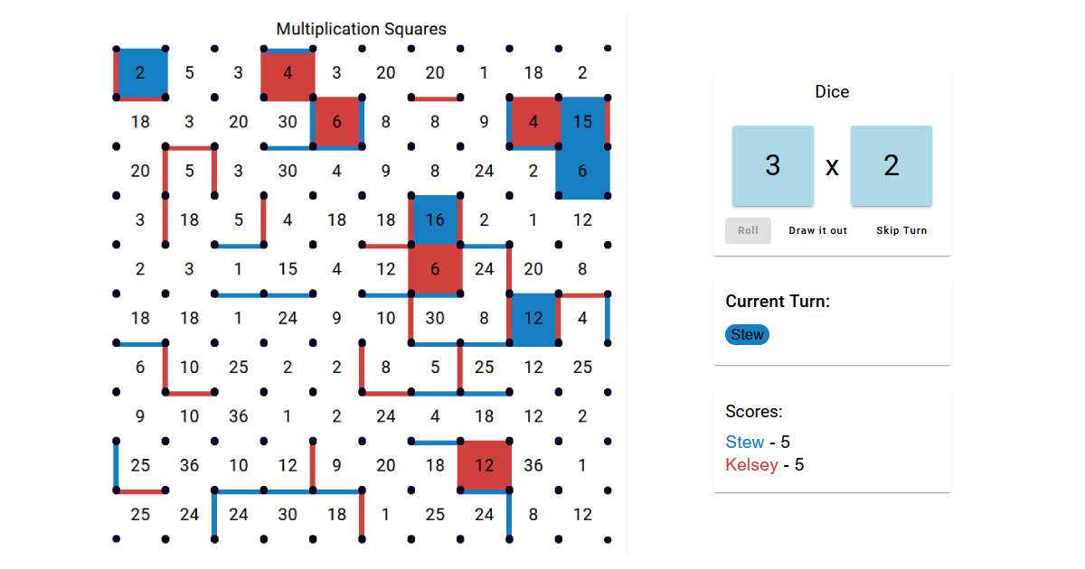 Multiplication Squares game board showing a grid of numbers with colored squares captured by players